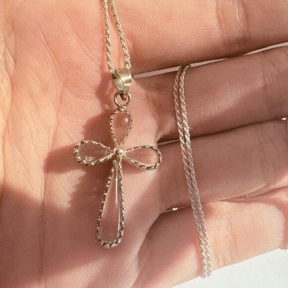 VTG Sterling Silver 925 Quartz Puffed Cross Pendant Necklace Size 24" Length - Picture 2 of 14
